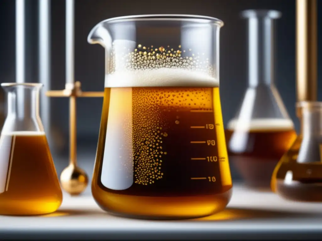 Líquido dorado en matraz de vidrio: Mosto de homebrewing Beaker de vidrio con líquido dorado, mosto para homebrewing