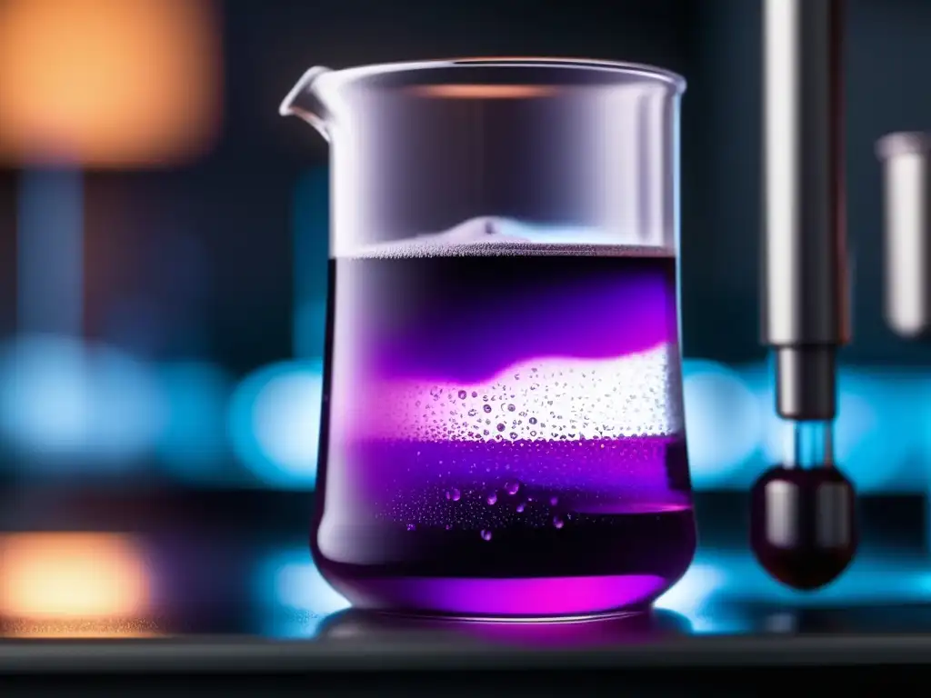 Beaker de vidrio con líquido púrpura y gotas Beaker de vidrio con líquido púrpura, indicador de pH