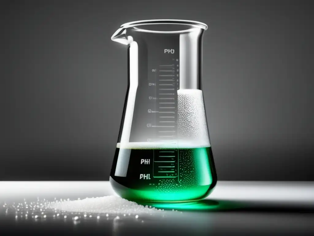 Beaker de vidrio con líquido claro y gotas precisas Beaker de vidrio con líquido claro, control pH -
