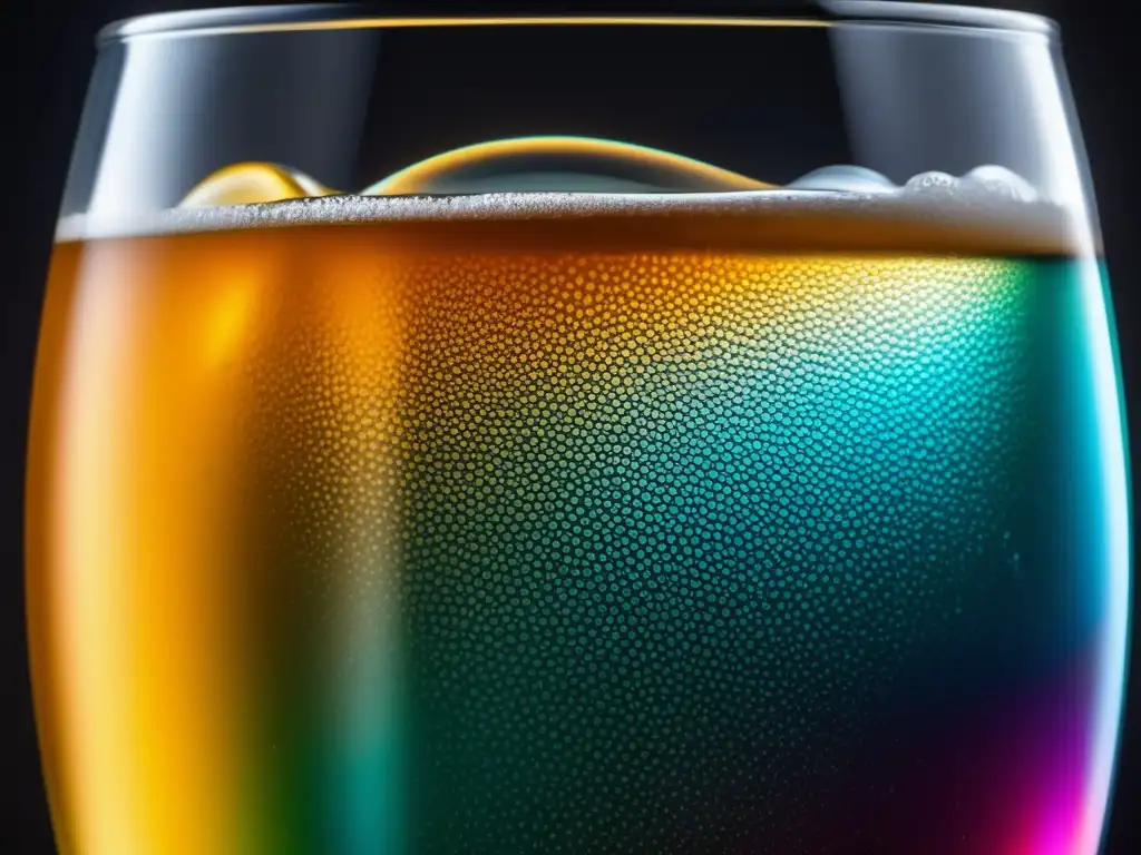 Jerga de degustación: Vaso con bebida carbonatada, burbujas brillantes y fondo oscuro