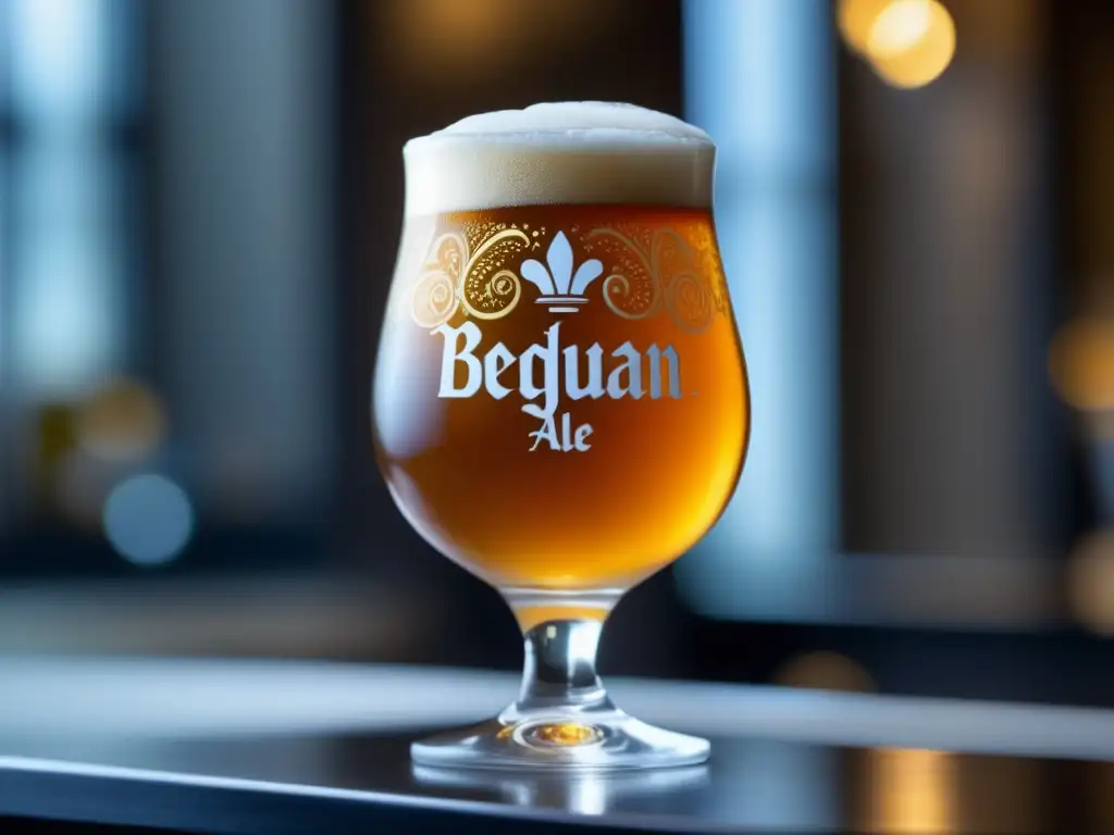 Cerveza belga dorada en vaso elegante Cerveza Belgian Ale dorada en vaso grabado con elegancia, burbujas efervescentes y espuma blanca cremosa