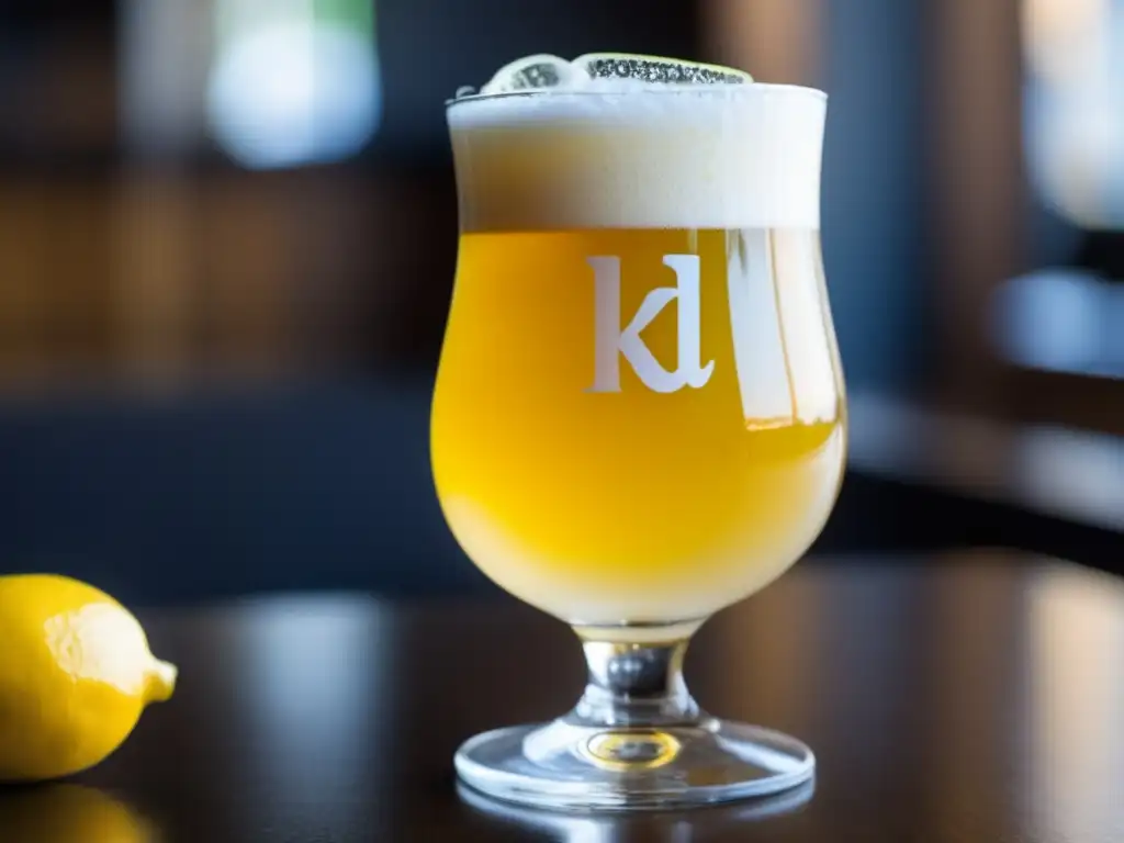Vaso Berliner Weisse: espuma blanca, burbujas, limón y cerveza dorada