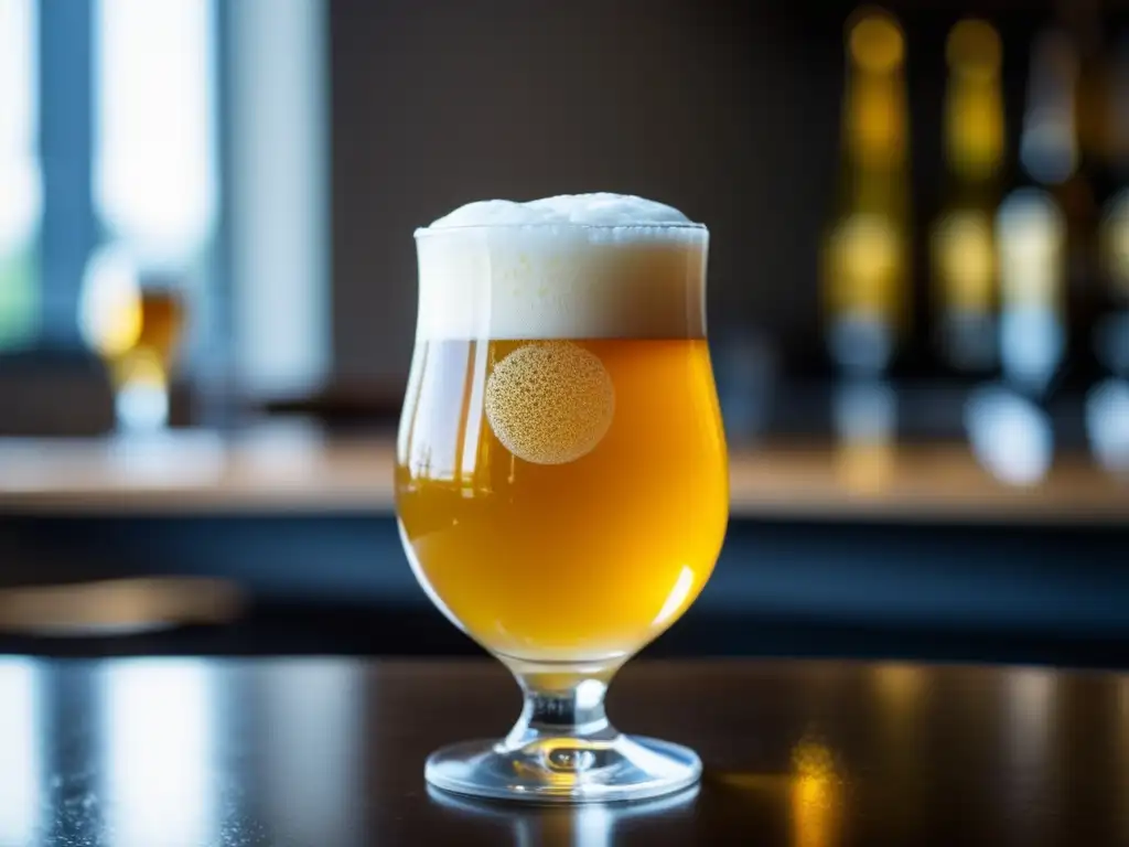 Berliner Weisse dorada con espuma blanca y limón en vaso tulipán, con burbujas y condensación