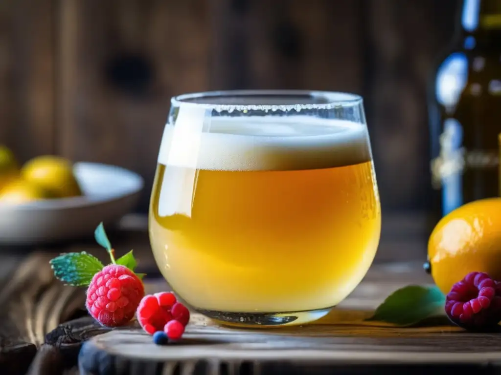 Berliner Weisse y desayunos ligeros en un vaso dorado con burbujas y decorado con frutas cítricas y bayas frescas