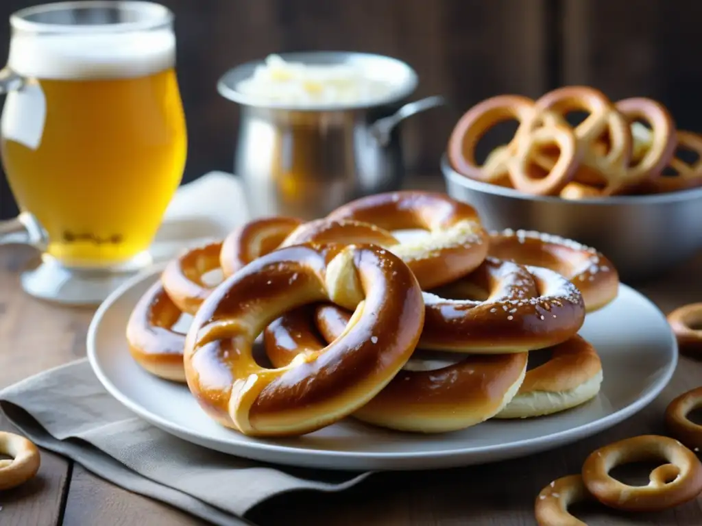 Mesa de cervecería alemana con pretzels dorados, sauerkraut y cerveza Gose dorada
