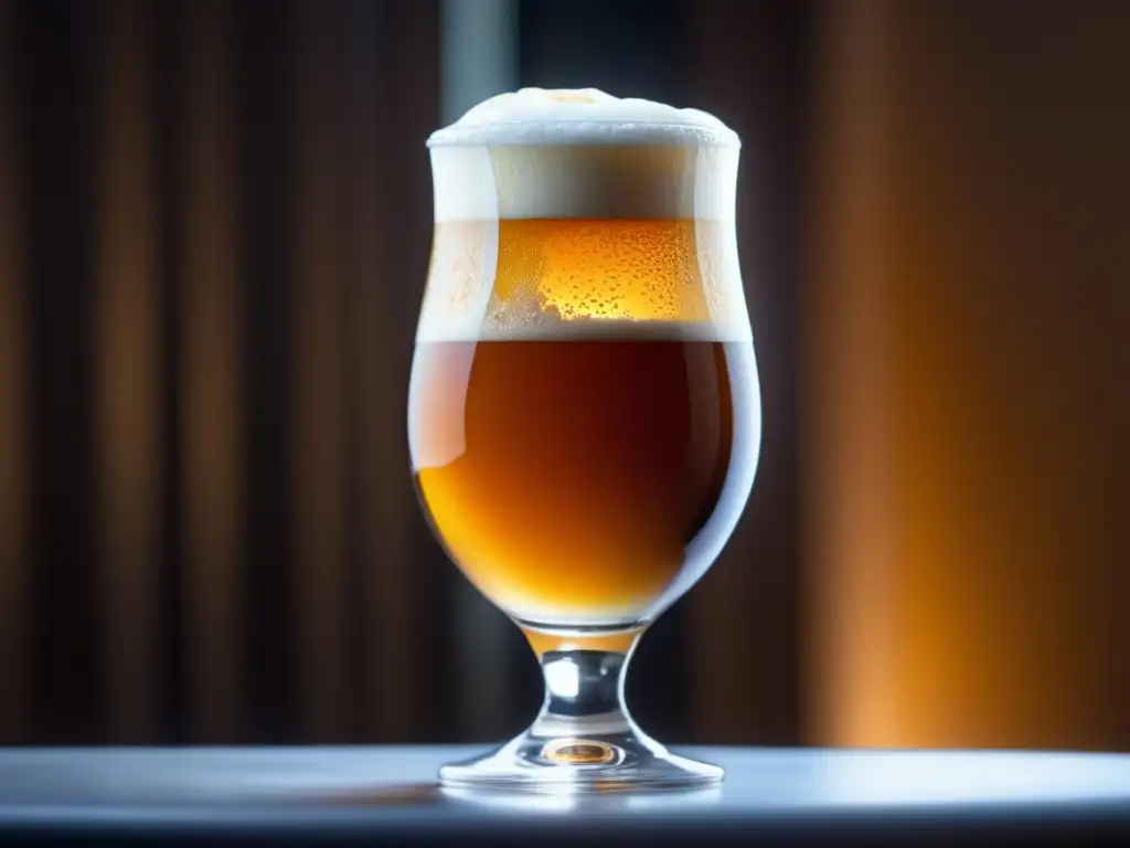 Cerveza Bock ámbar en vaso elegante Bock cerveza ámbar, elegante, con espuma cremosa y detalles del vaso, resalta su color y textura