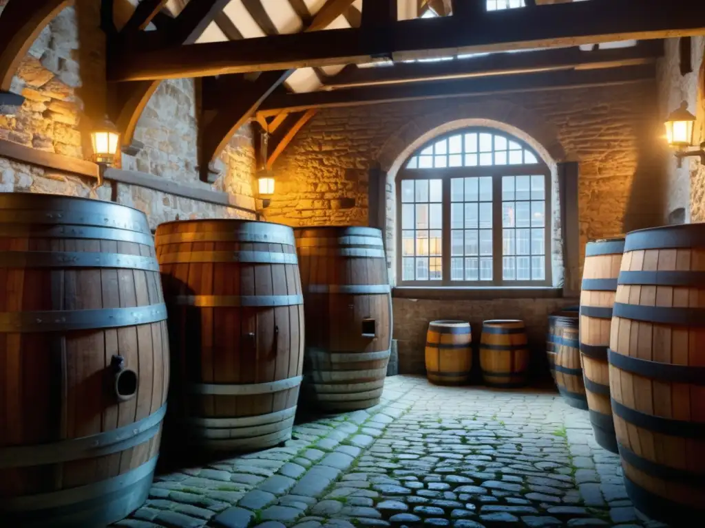 Rustic charm of a lambic brewery in Brussels Lambic: Detalle encantador de una cervecería tradicional en Bruselas, con barriles de madera y patio adoquinado