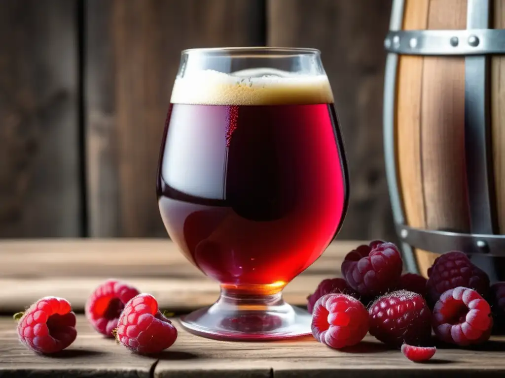 Cerveza Boon Framboise con frambuesas Detalle de vaso con cerveza Boon Framboise lambic de frutas, rodeado de frambuesas frescas y burbujas