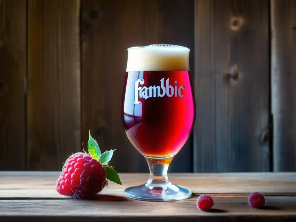 Cerveza Boon Framboise: Detalles y elegancia Cerveza Boon Framboise Lambic, un vaso lleno de burbujas efervescentes con semillas de frambuesa y acabado mate en mesa de madera - Fruit Lambic