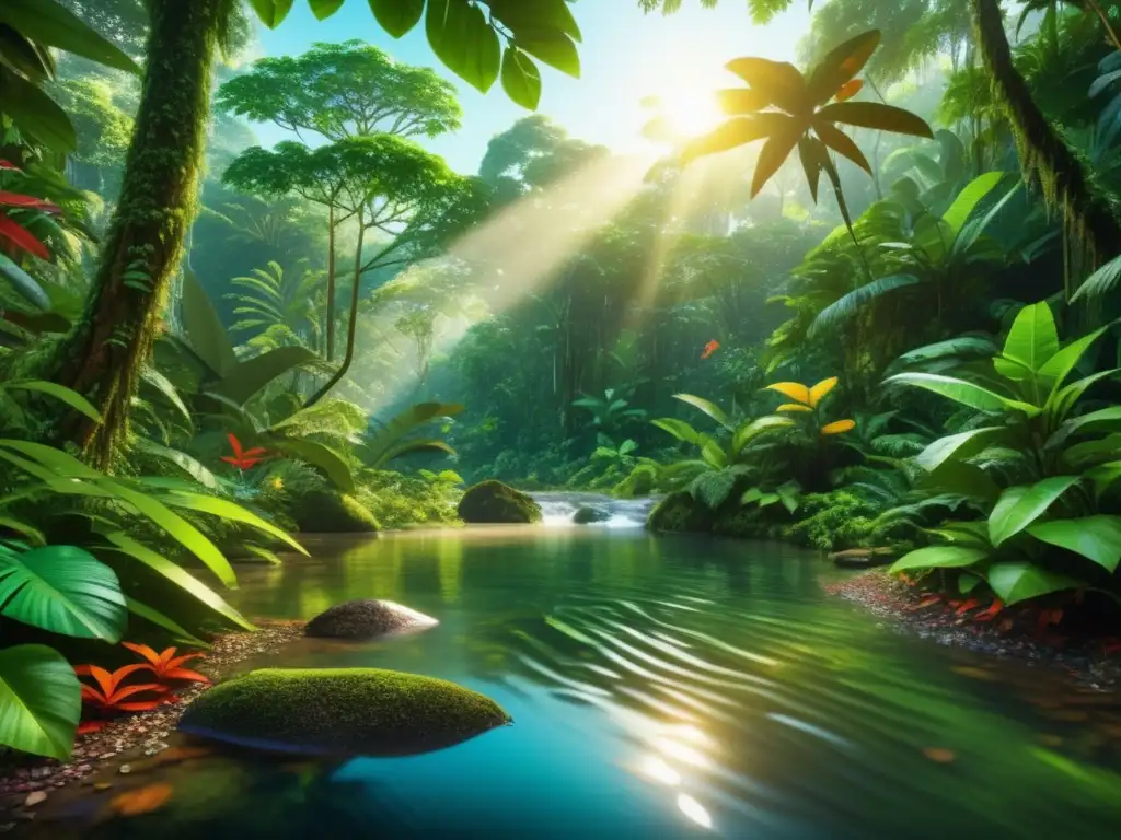 Bosque tropical vibrante y diverso Escena de un exuberante y vibrante bosque tropical, resaltando la diversidad y la importancia de la conservación