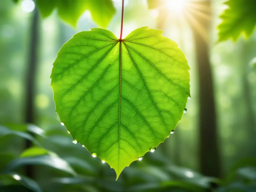 Belleza natural: Hoja en el bosque verde Bosque verde con luz solar, resalta belleza de la naturaleza y causa ambiental