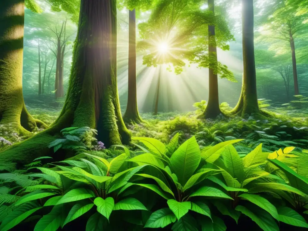 Bosque verde exuberante con árboles altos y vibrante vegetación Bosque verde exuberante con árboles majestuosos y vegetación vibrante