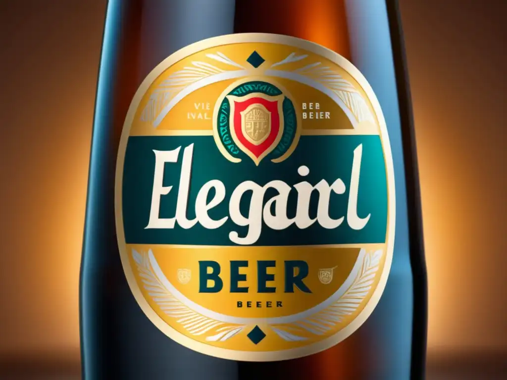 Botella artesanal de cerveza con detalles elegantes Detalles artesanales de botella de cerveza con logo elegante grabado en vidrio, acabado mate destaca artesanía y colores vibrantes del interior
