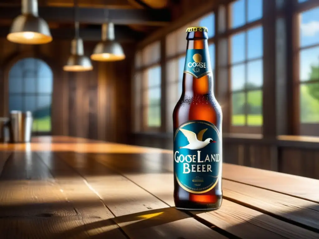 Botella de cerveza Goose Island, elegante y fresca, en una mesa de madera rústica, iluminada por luz natural