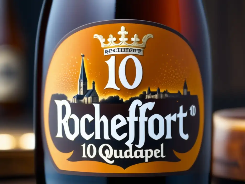 Cerveza Rochefort 10: Color caramelo y espuma cremosa Cerveza Rochefort 10 Quadrupel: botella con color caramelo, espuma cremosa, logo y nombre elegantes, fresca y sofisticada