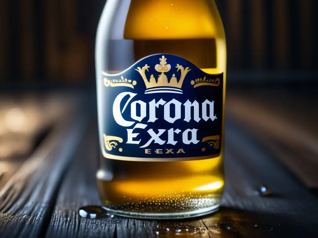 Botella helada de Corona Extra: detalles del logo grabado en relieve con corona icónica y elegante fuente, agua goteando y efecto bokeh sutíl