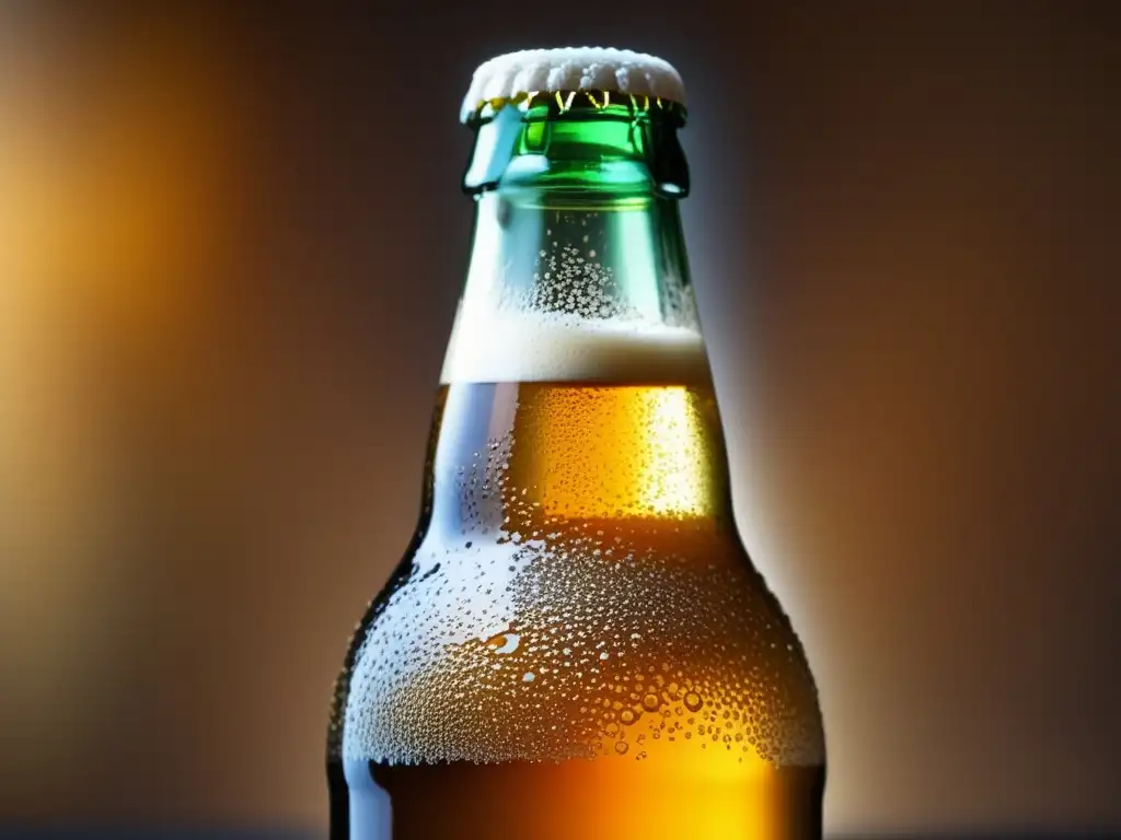 Botella de cerveza casera llena con burbujas doradas El Arte del Agua: Botella de cerveza casera resalta burbujas doradas, autenticidad y carbonatación