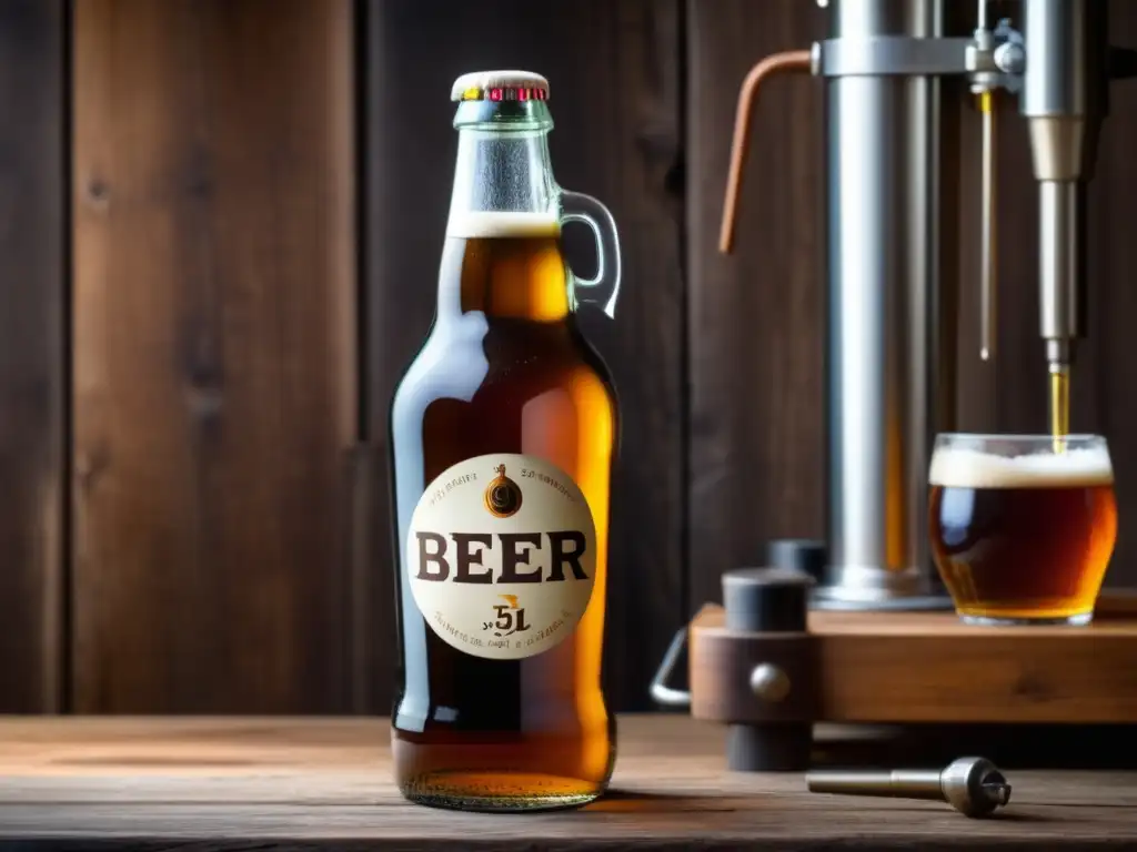 Cerveza casera en botella de vidrio Botella de cerveza casera en mesa de madera rústica, rodeada de equipo de homebrewing básico