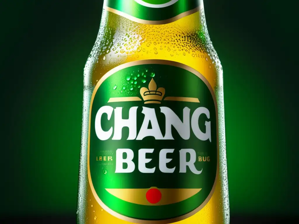 Chang Beer: botella perfectamente enfriada, con detalles intrincados en la etiqueta y gotas de agua refrescantes
