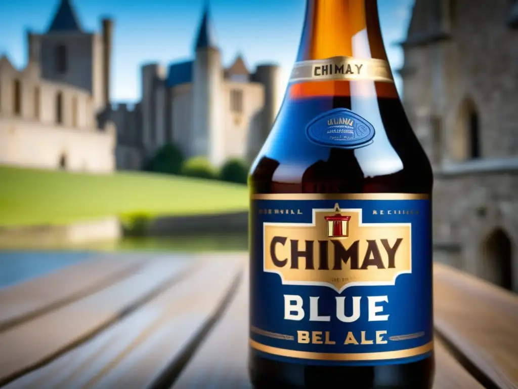 Chimay Blue Belgian Ale: Etiqueta intrincada, color ámbar, logo icónico y abadía medieval en el fondo