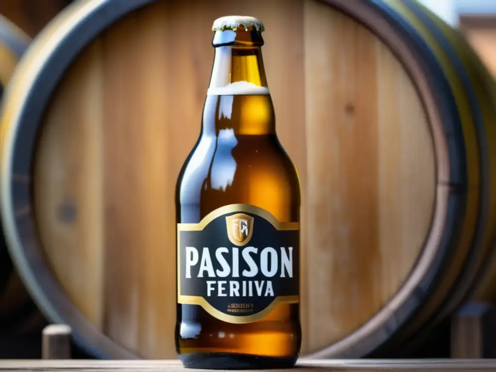 Botella de cerveza dorada en barril de madera Botella de cerveza dorada y espumosa en barril de madera con logo Pasión Fermentativa, detalles y texturas