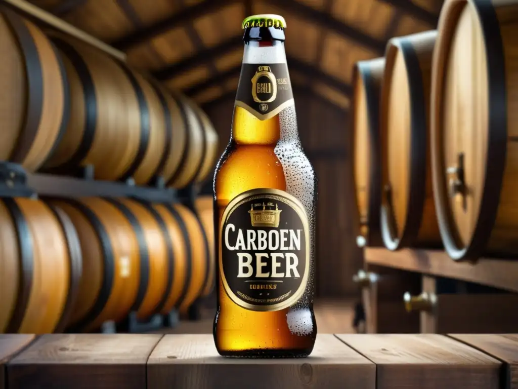 Detallada botella de cerveza dorada en mesa de madera rustic Detallada imagen de una botella de vidrio llena de cerveza dorada carbonatada con condensación y etiqueta de la cervecería - carbonatación natural
