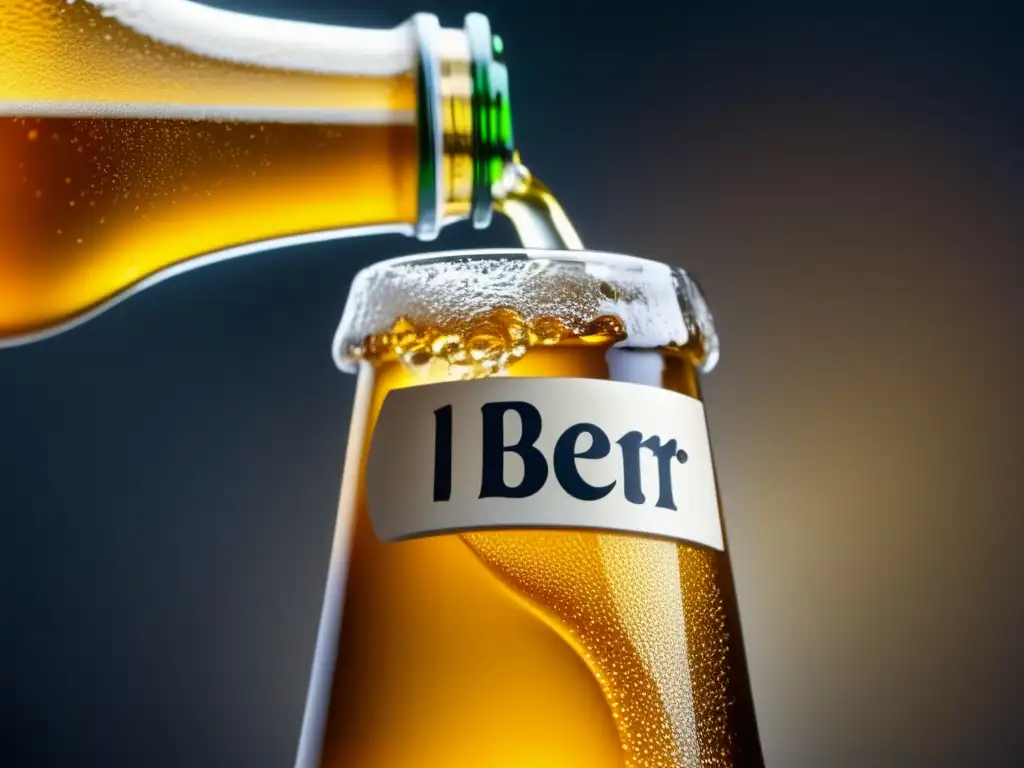 Cerveza dorada fluye en botella de vidrio Cerveza artesanal: llenado cuidadoso y detalle de botella con burbujas y etiqueta de 'guía botellas'