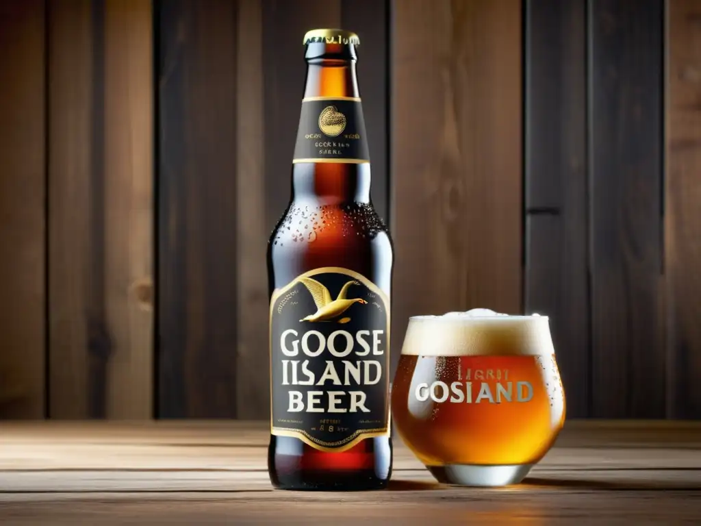 Detalle excepcional de una botella de cerveza Goose Island, con diseño de etiqueta impecable y colores vibrantes