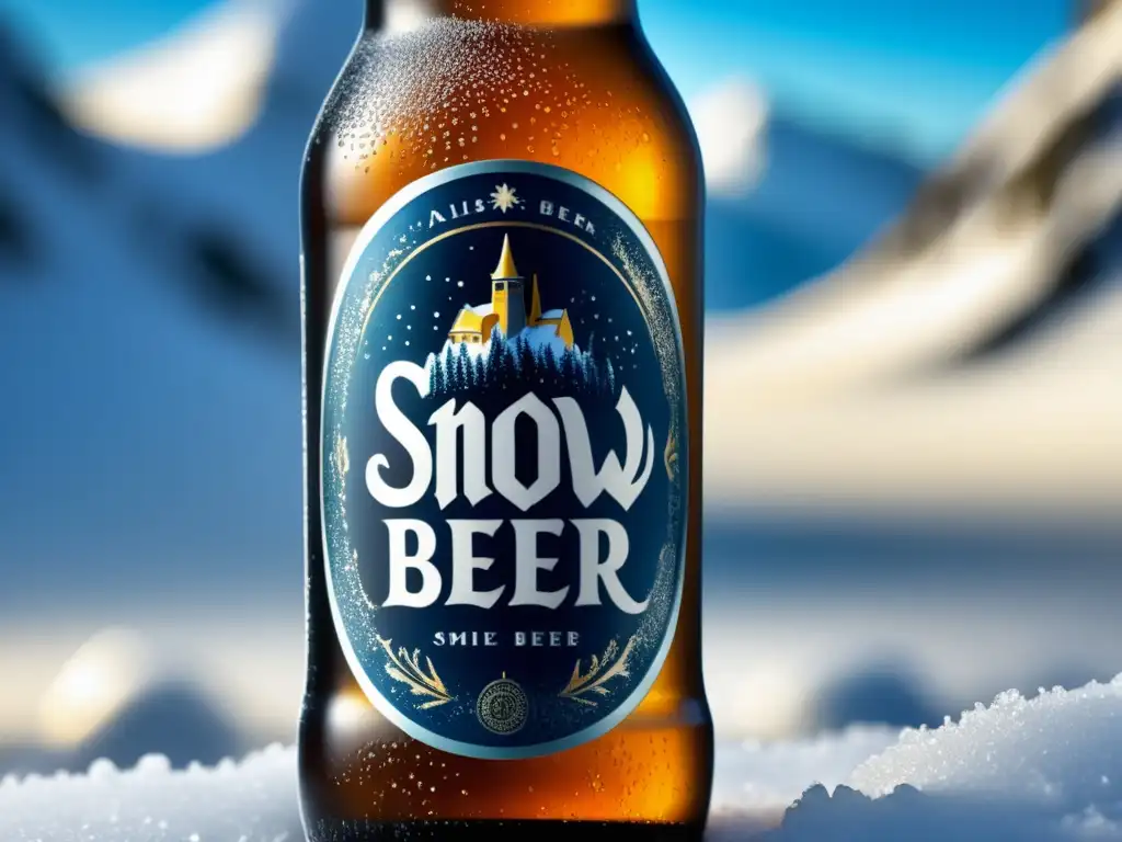 Botella de Snow Beer cubierta de escarcha, resaltando su elegante logo y diseño