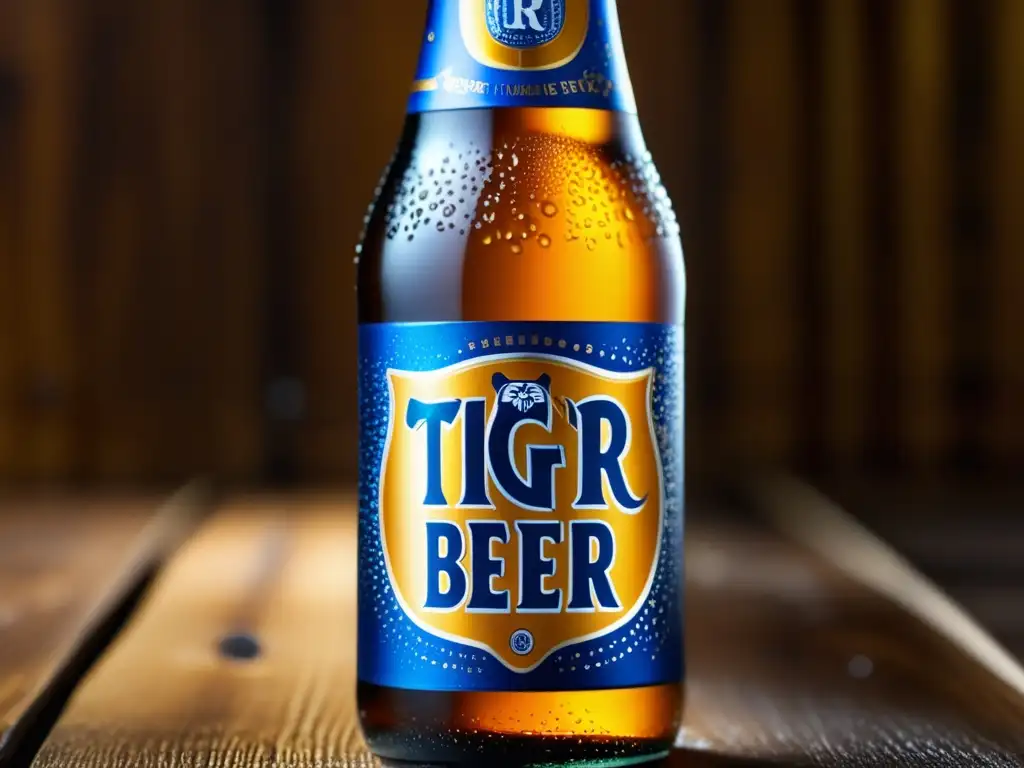 Cerveza Tiger fría en mesa de madera Cerveza Tiger Beer: botella con condensación, diseño elegante y refrescante