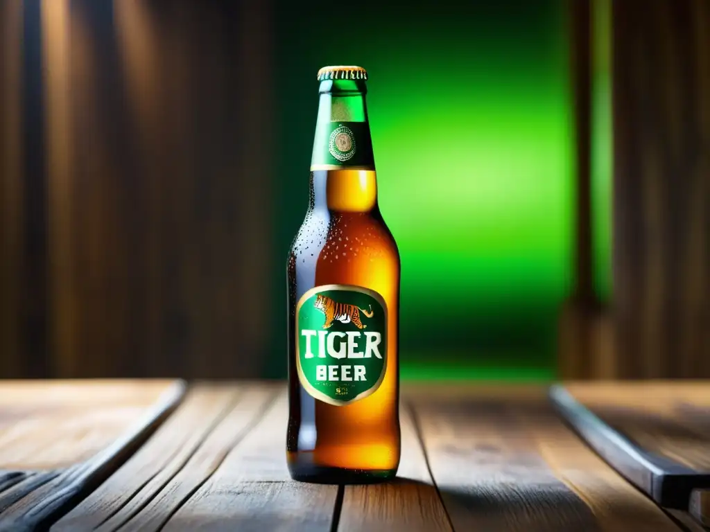 Botella de cerveza Tiger: refrescante y detallada Botella fría de Tiger Beer en mesa de madera
