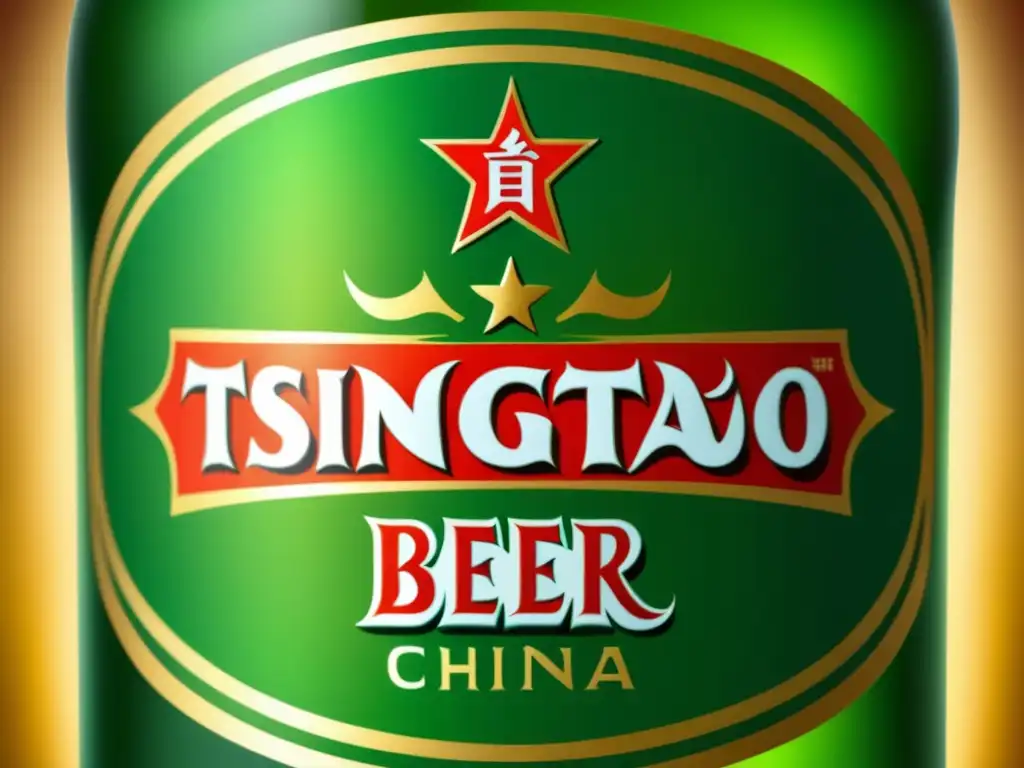 Detalle elegante de botella Tsingtao Tsingtao: Detalle elegante de una botella de cerveza, resaltando diseños chinos tradicionales y símbolos culturales emblemáticos