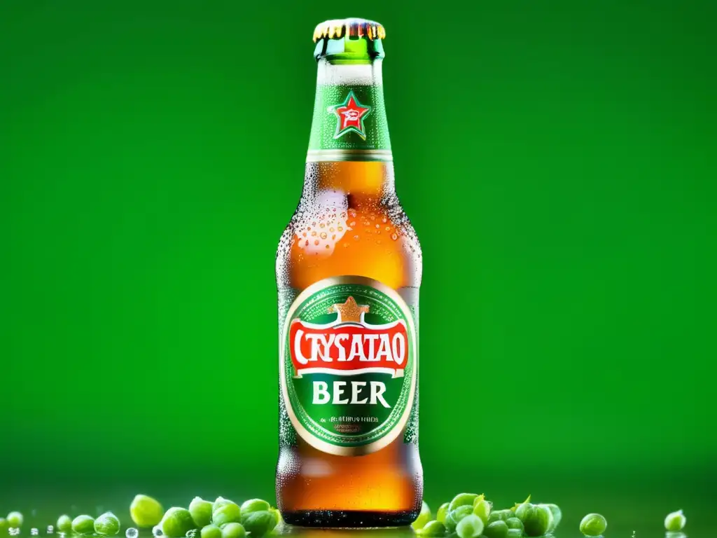 Botella de Tsingtao perfectamente fría y condensada Cerveza Tsingtao, botella cristalina con gotas de condensación y lúpulo verde vibrante