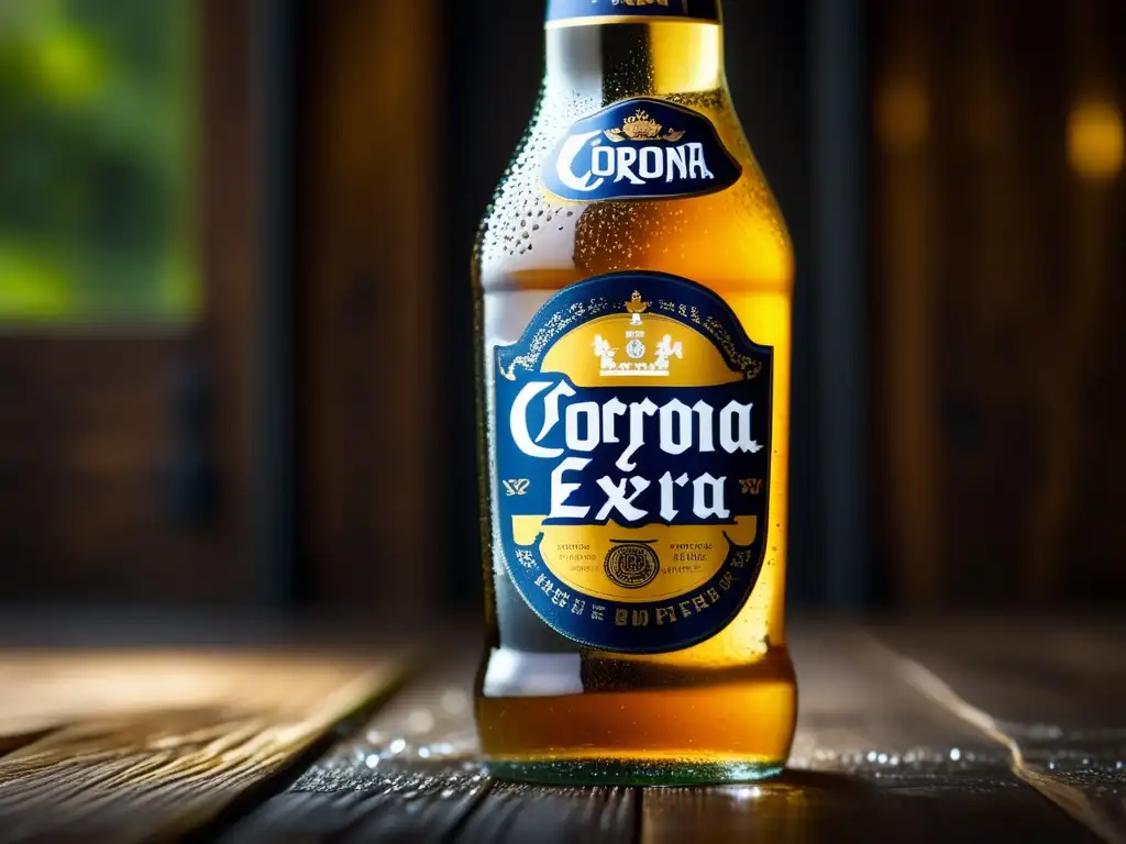 Botella de Corona Extra goteando en mesa de madera