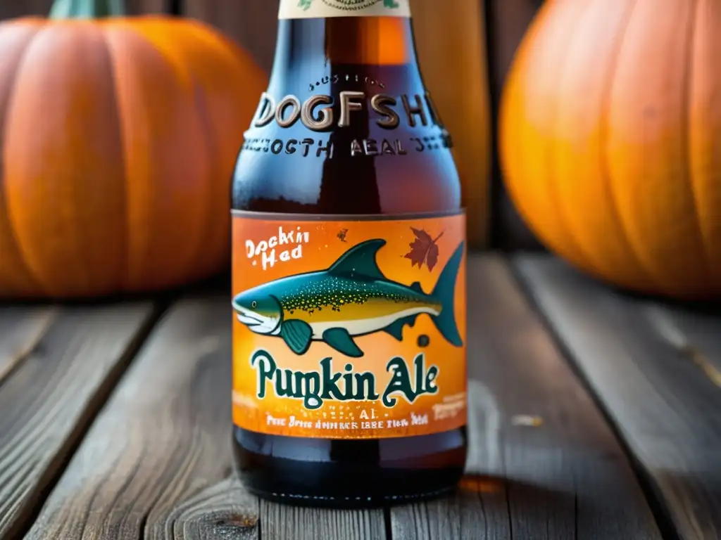 Cerveza Dogfish Head Punkin Ale en mesa rústica: ambiente acogedor con calabazas y especias