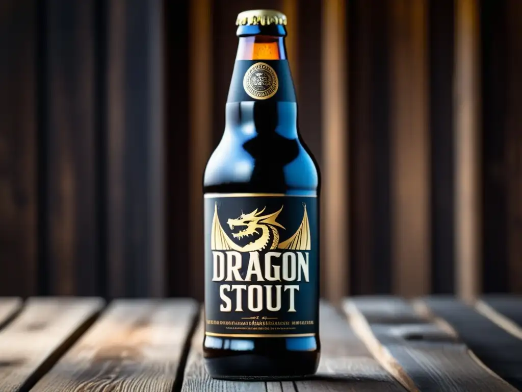 Detalle botella Dragon Stout: diseño elegante, etiqueta icónica, acabado mate, color ébano, frescura, cultura caribeña, ingredientes: café y cacao