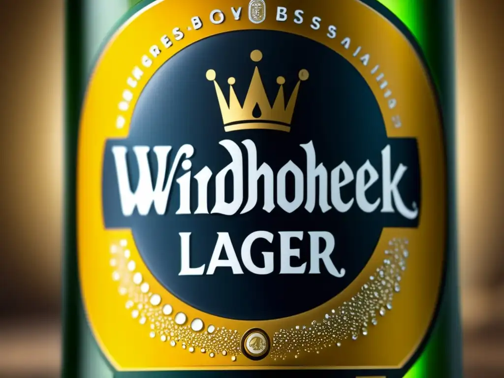 Botella de Windhoek Lager con condensación, textura mate, logo en relieve y detalles de tapa metálica