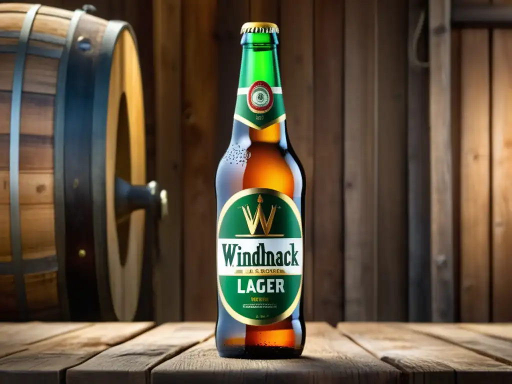 Botella de Windhoek Lager en mesa de madera, acompañada de deliciosa comida -