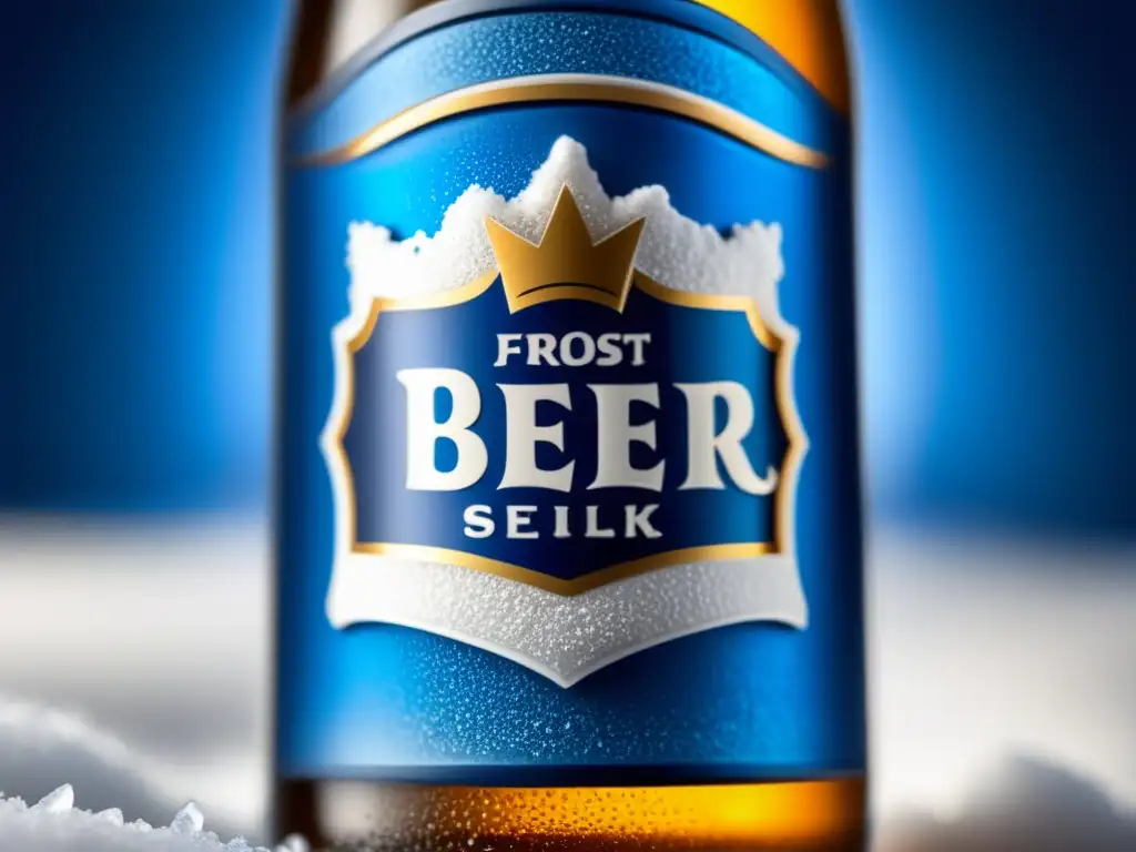 Botella de Snow Beer cubierta de escarcha, logo icónico y distintiva etiqueta azul