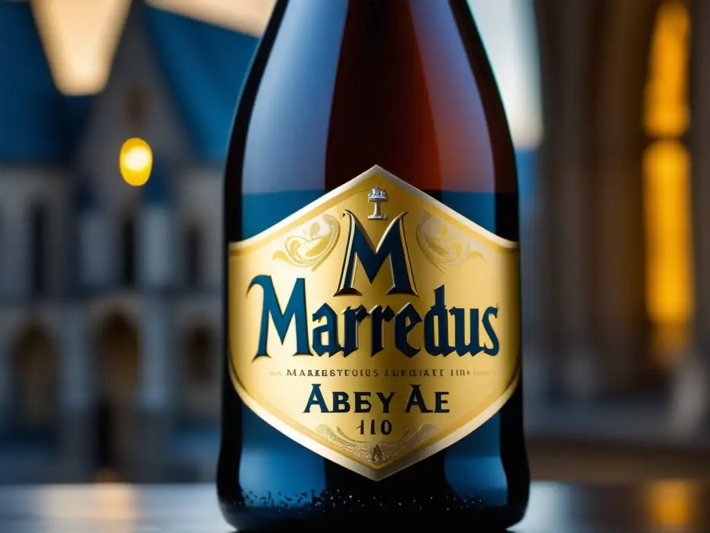 Cerveza Maredsous 10 Abbey Ale con diseño de etiqueta y Abadía Maredsous al fondo