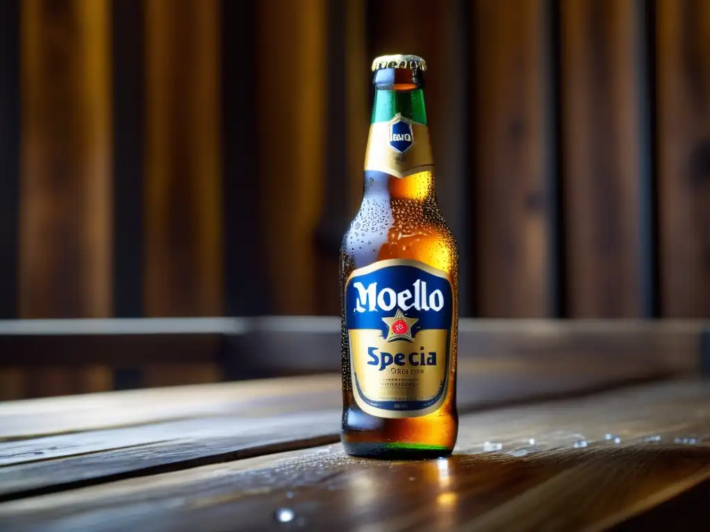 Botella de cerveza Modelo Especial con condensación Botella de cerveza Modelo Especial en mesa de madera