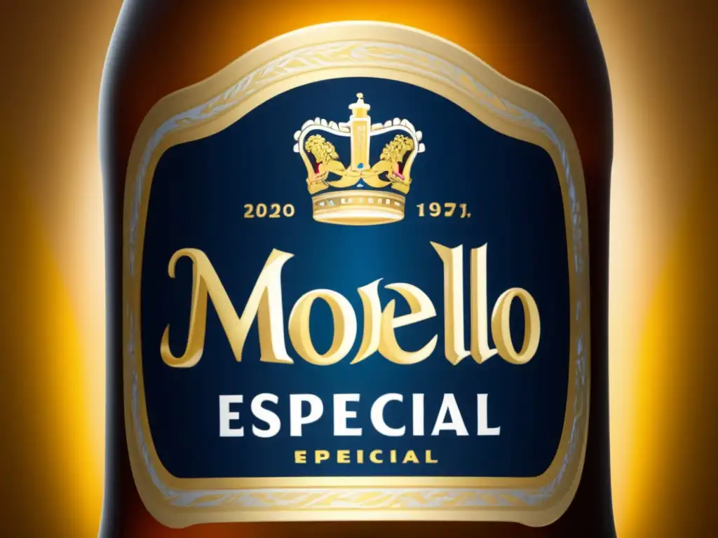 Detalle elegante de una botella de Modelo Especial Detallada imagen de una botella de cerveza Modelo Especial, con acabado mate, resaltando sus detalles texturas y frescura