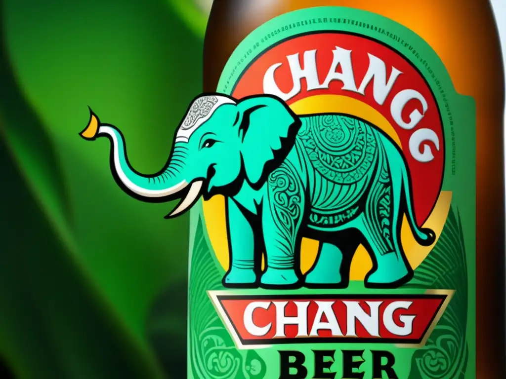 Botella de cerveza Chang con detalles elegantes y logo del elefante icónico