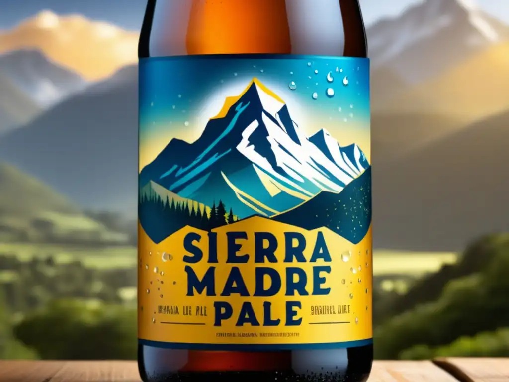 Cerveza Sierra Madre Pale Ale con diseño de etiqueta detallado Botella de Sierra Madre Pale Ale con diseño de etiqueta detallado y condensación brillante en fondo mate
