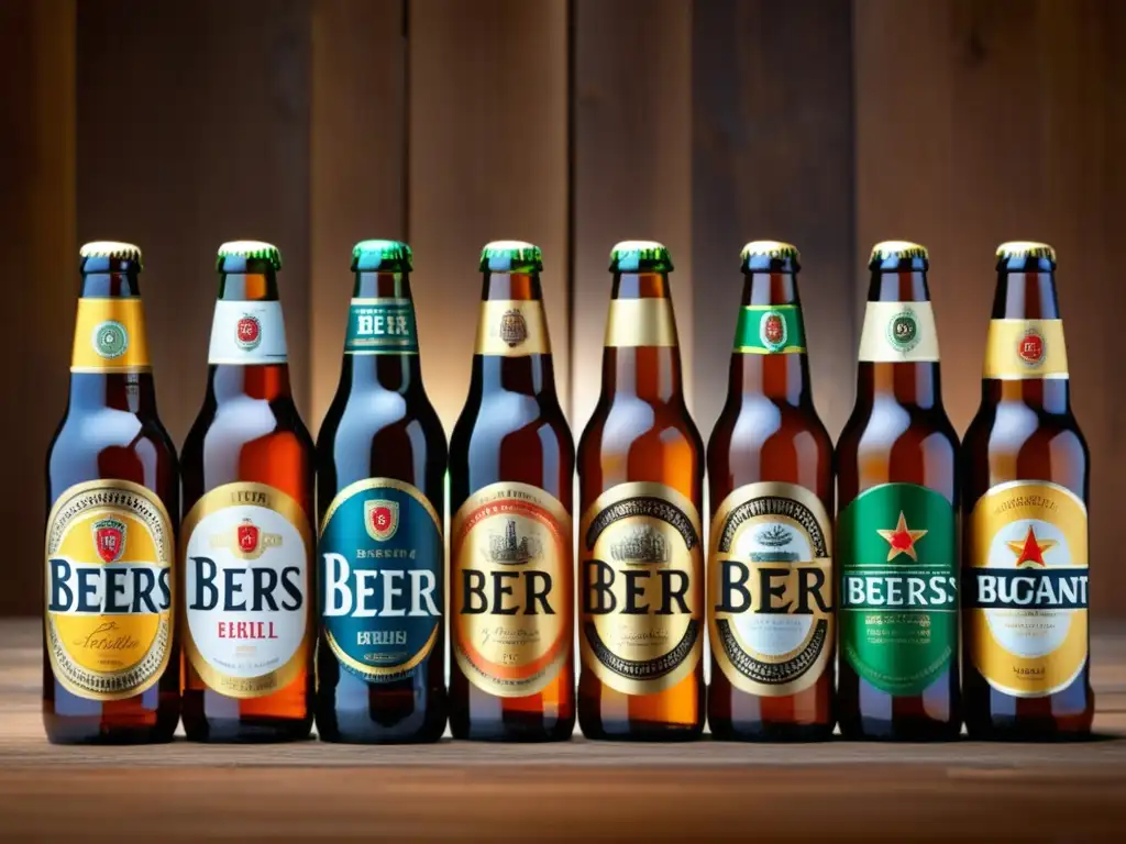 Variedad de cervezas en examen Cervezas etiquetadas en mesa de madera - Exámenes y Preparación