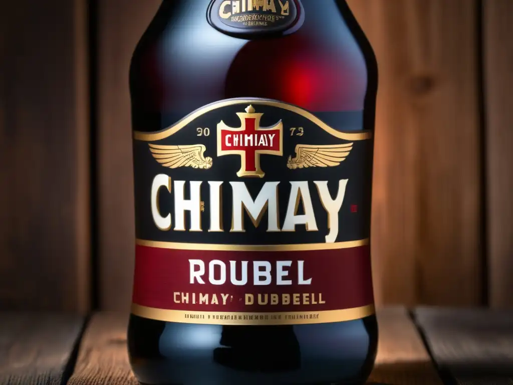 Detalle de botella Chimay Rouge Abbey (+ info) Detalle de botella Chimay Rouge Abbey Dubbel en superficie de madera rústica