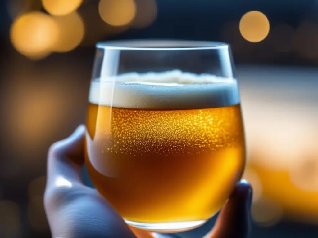 Braggot dorado en vaso, burbujeante y claro Vaso de cerveza braggot dorado y efervescente en una mano -