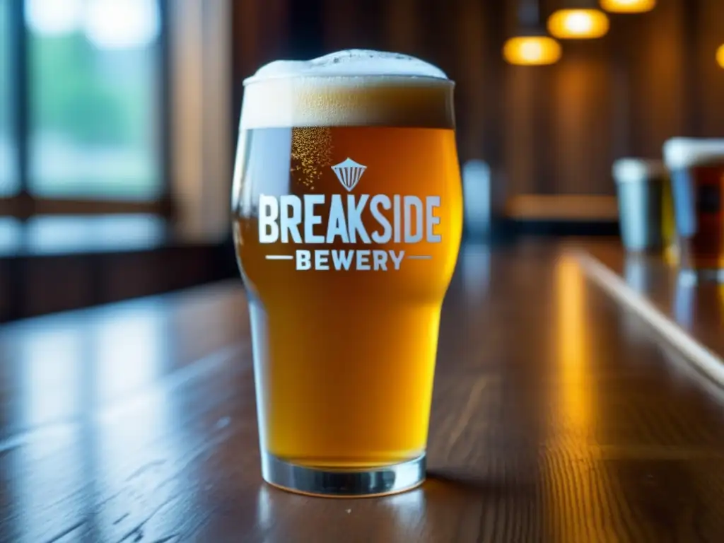 Imagen de una pinta de cerveza Breakside Brewery Lunch Break Session IPA, con condensación brillante y lúpulos verdes alrededor