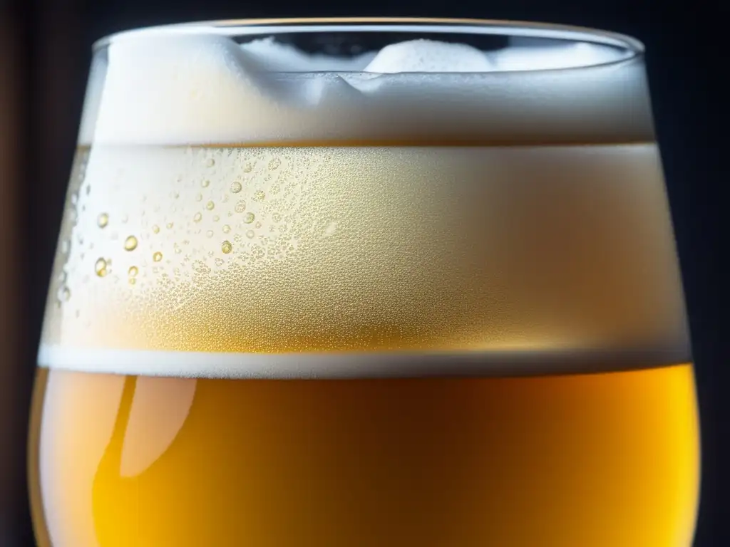 Detalle cautivador de una Brett IPA: cristal claro con cerveza dorada, espuma blanca y burbujas brillantes