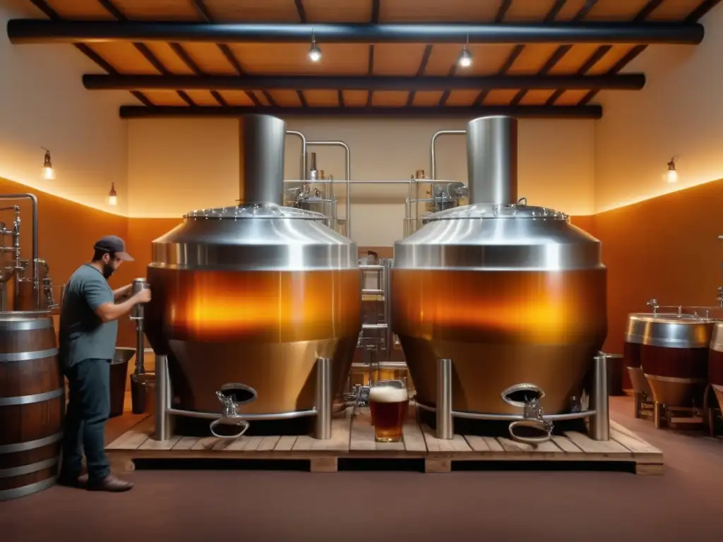 Artesanos cerveceros preparando cerveza Conoce la Tradición: Detallada imagen 8k de Cervecería Antiguo Barril, con artesanos elaborando cerveza y barriles de madera en segundo plano